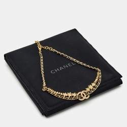 Pre Owned Chanel CC Crystals Leather Gold Tone Necklace