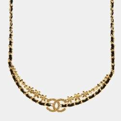 Pre Owned Chanel CC Crystals Leather Gold Tone Necklace