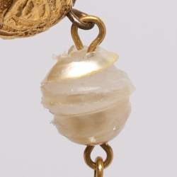 Pre Owned Chanel Gold Tone CC Logo White Faux Pearl Station Necklace