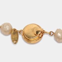 Pre Owned Chanel Gold Tone CC Logo White Faux Pearl Station Necklace