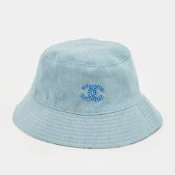 Pre Owned Chanel Light Blue/Printed Denim & Cotton Reversible Bucket Hat (56cm)