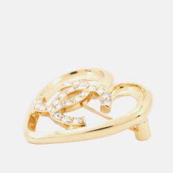 Pre Owned Chanel CC Logo Heart Brooch Gold Metal Rhinestone