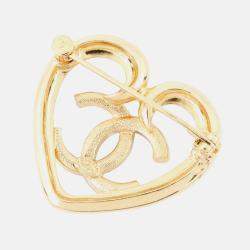 Pre Owned Chanel CC Logo Heart Brooch Gold Metal Rhinestone