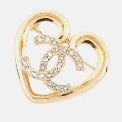 Pre Owned Chanel CC Logo Heart Brooch Gold Metal Rhinestone