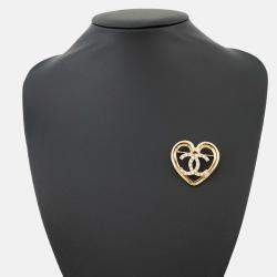 Pre Owned Chanel CC Logo Heart Brooch Gold Metal Rhinestone