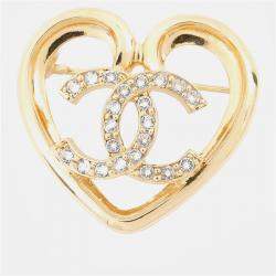 Pre Owned Chanel CC Logo Heart Brooch Gold Metal Rhinestone