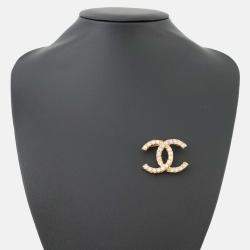 Pre Owned Chanel Cc Logo Brooch Gold Metal Rhinestone Faux Pearl