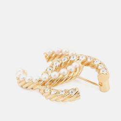 Pre Owned Chanel Cc Logo Brooch Gold Metal Rhinestone Faux Pearl