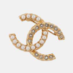 Pre Owned Chanel Cc Logo Brooch Gold Metal Rhinestone Faux Pearl