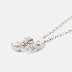 Pre Owned Chanel Cc Logo Faux Pearl Necklace Silver Metal Faux Pearl Rhinestone