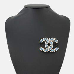 Pre Owned Chanel Cc Logo Brooch Blue Denim Gold Plated