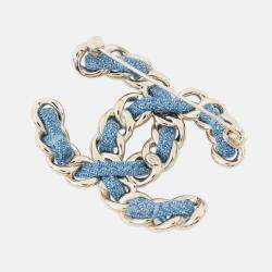 Pre Owned Chanel Cc Logo Brooch Blue Denim Gold Plated