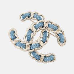 Pre Owned Chanel Cc Logo Brooch Blue Denim Gold Plated