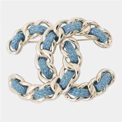 Pre Owned Chanel Cc Logo Brooch Blue Denim Gold Plated