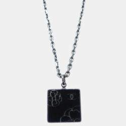 Pre Owned Chanel Silver Black Square Necklace Pendant