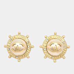 Pre Owned Chanel Gold Button Earrings Clip-On Rhinestone Artificial Pearl