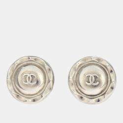 Pre Owned Chanel Button Earrings Clip-On Silver