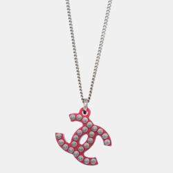Pre Owned Chanel CC Chain Pendant Necklace Acrylic Silver Red