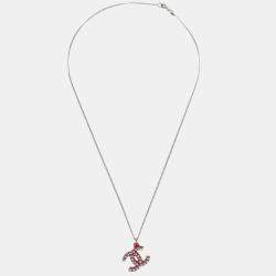 Pre Owned Chanel CC Chain Pendant Necklace Acrylic Silver Red