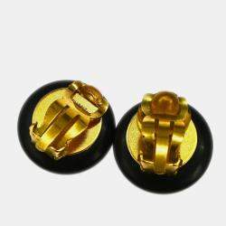 Pre Owned Chanel Button Earrings Clip-On Black Gold