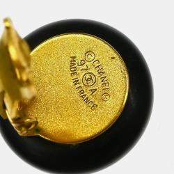 Pre Owned Chanel Button Earrings Clip-On Black Gold
