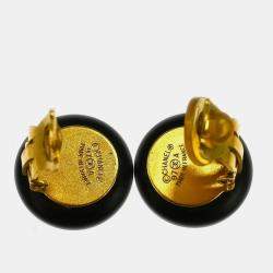 Pre Owned Chanel Button Earrings Clip-On Black Gold