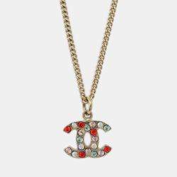 Pre Owned Chanel Gold Mini CC Pendant Necklace Rhinestone