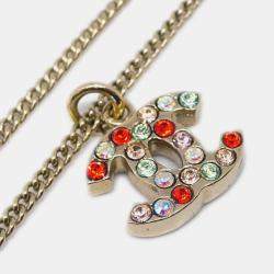Pre Owned Chanel Gold Mini CC Pendant Necklace Rhinestone