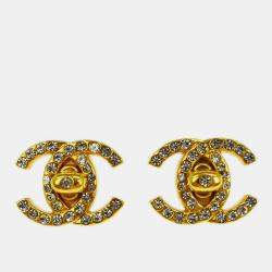 Pre Owned Chanel CC Turnlock Rhinestone Earrings Clip-On Gold Small