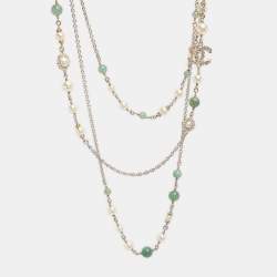 Pre Owned Chanel CC Multi Beads Faux Pearl Crystal Gold Tone Long Necklace