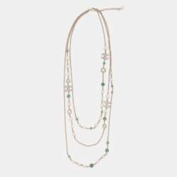 Pre Owned Chanel CC Multi Beads Faux Pearl Crystal Gold Tone Long Necklace