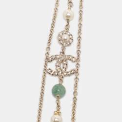 Pre Owned Chanel CC Multi Beads Faux Pearl Crystal Gold Tone Long Necklace