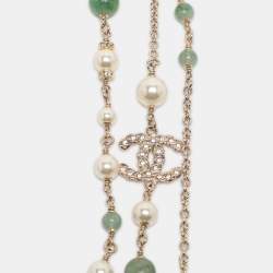Pre Owned Chanel CC Multi Beads Faux Pearl Crystal Gold Tone Long Necklace