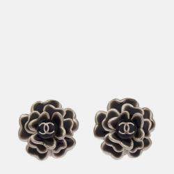 Pre Owned Chanel Flower Earrings Clip-On Silver Black