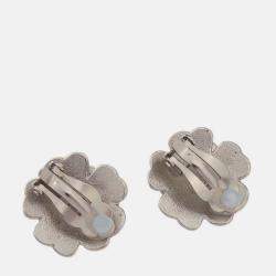 Pre Owned Chanel Flower Earrings Clip-On Silver Black