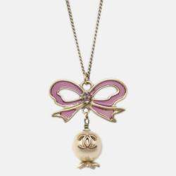 Pre Owned Chanel Chain Pendant Necklace Artificial Pearl Bow Gold