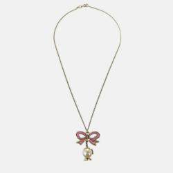 Pre Owned Chanel Chain Pendant Necklace Artificial Pearl Bow Gold