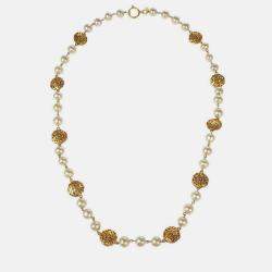 Pre Owned Chanel Artificial Pearl Chain Necklace Gold