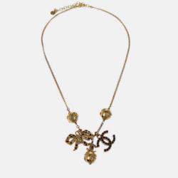 Pre Owned Chanel Icon Gold Chain Pendant Necklace Rhinestone