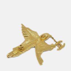 Pre Owned Chanel Eagle Rhinestone Brooch Pin Gold