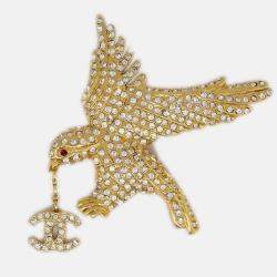 Pre Owned Chanel Eagle Rhinestone Brooch Pin Gold