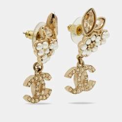 Pre Owned Chanel CC Faux Pearl Crystals Gold Tone Earrings