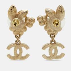 Pre Owned Chanel CC Faux Pearl Crystals Gold Tone Earrings