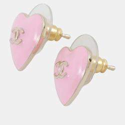 Pre Owned Chanel Cc Logo Heart Earrings Pink Metal
