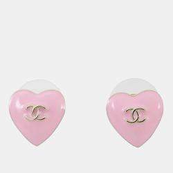 Pre Owned Chanel Cc Logo Heart Earrings Pink Metal