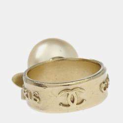 Pre Owned Chanel Rhinestone Artificial Pearl Ring Gold #52
