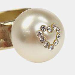 Pre Owned Chanel Rhinestone Artificial Pearl Ring Gold #52
