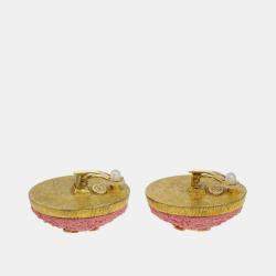 Pre Owned Chanel Gold Pink Button Earrings Clip-On