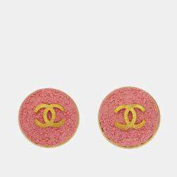 Pre Owned Chanel Gold Pink Button Earrings Clip-On