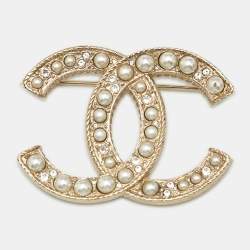 Pre Owned Chanel CC Faux Pearl Crystals Gold Tone Brooch